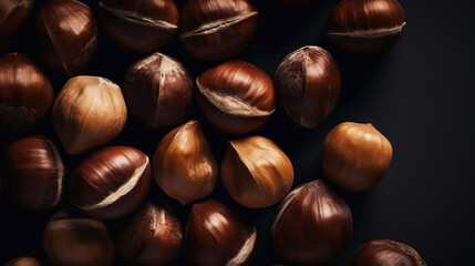 Obraz premium Many dried acorn nuts background. Top view on large group of nuts. Generative AI