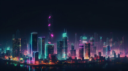 Fototapeta na wymiar Futuristic city, neon light, lights of a large metropolis, high-rise buildings, generative AI, AI generated