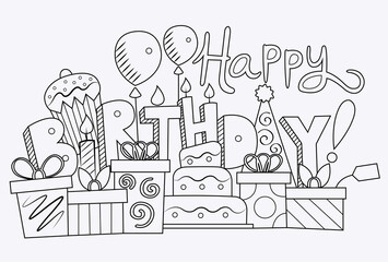 Happy Birthday Coloring Page, Colorful and Fun Artwork Design, Vector Graphics for Birthday Parties, Can Be Used as a Fun Activity for Preschool Education, Family Activity at Home or T Shirt Design