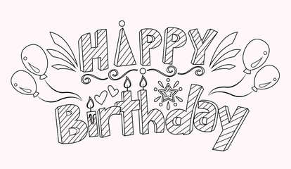 Happy Birthday Coloring Page, Colorful and Fun Artwork Design, Vector Graphics for Birthday Parties, Can Be Used as a Fun Activity for Preschool Education, Family Activity at Home or T Shirt Design