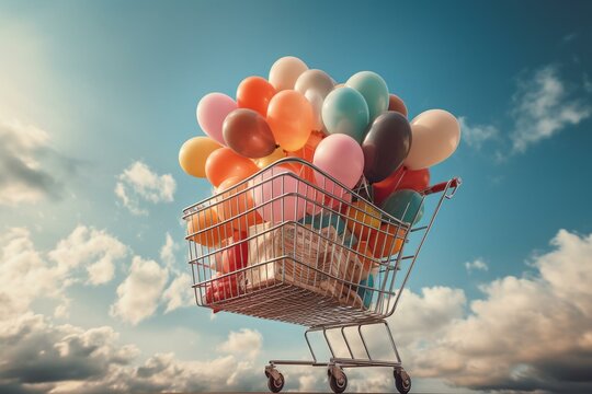 A Full Shopping Basket And Balloons In The Sky Represent Grocery Store Opening And Food Delivery Concept. Generative AI