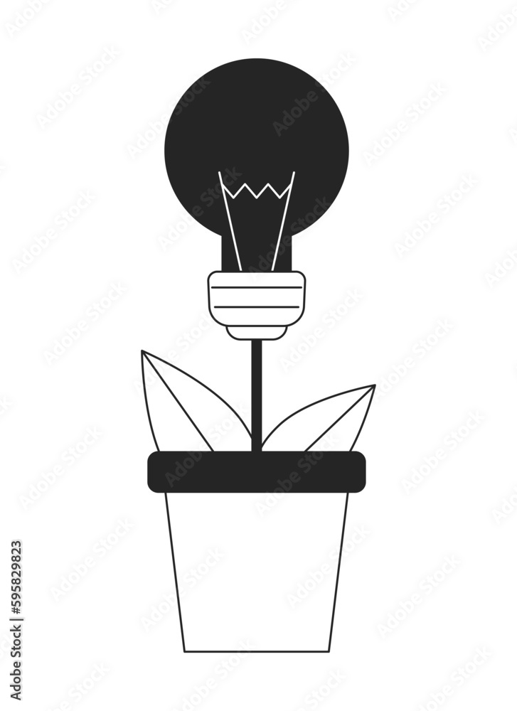 Poster planting light bulb in pot flat line black white vector object. growing startup idea. editable carto