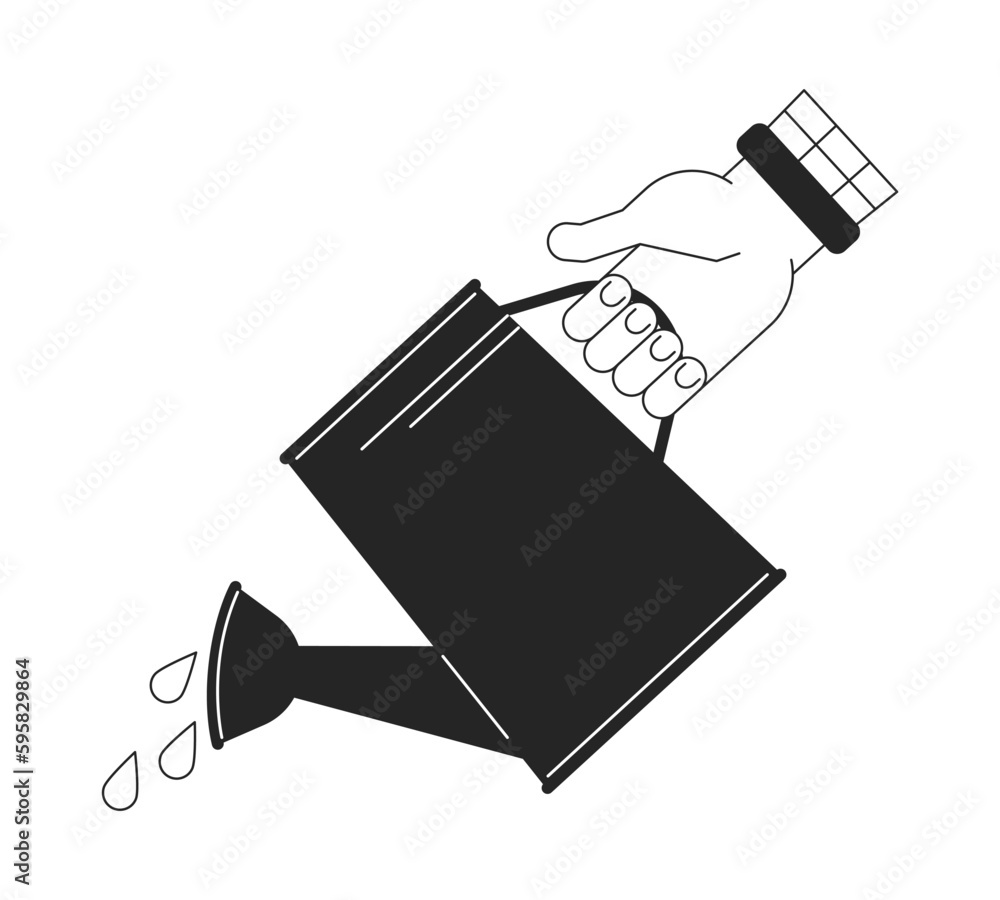 Poster watering with sprinkling can flat line black white vector first view hand. pouring water. editable c