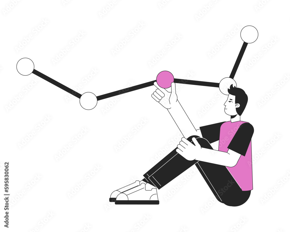 Poster guy with line graph flat line color vector character. editable simple outline full body person on wh