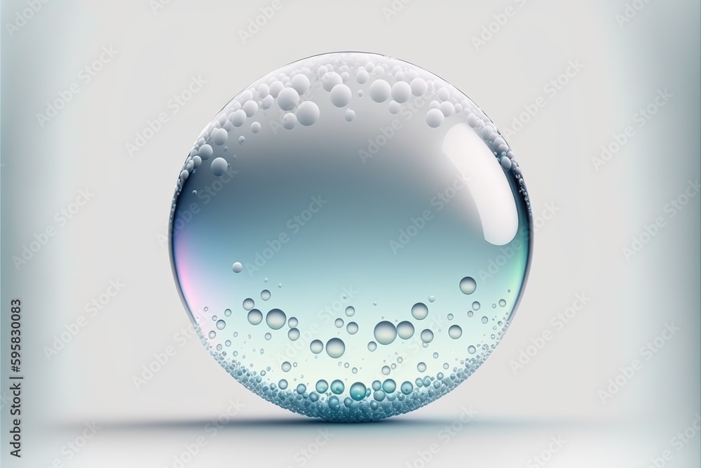 Poster closeup macro iridescent clear and transparent round water sphere with air bubbles inside on white i