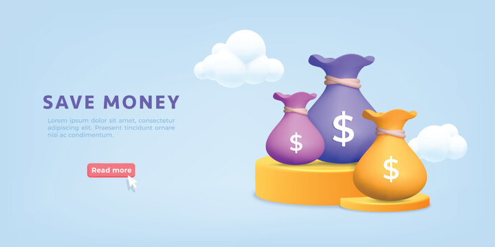 3d vector business, credit payment, investment profit service template banner with three different color money bags symbols on podium stage design