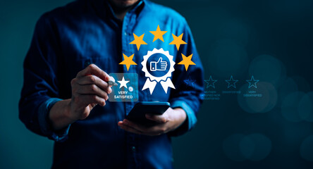 Customer's Hand Pressing on a Smartphone Screen with a Gold Five-Star Rating Feedback Icon