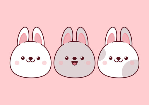 Set of different kawaii bunny heads