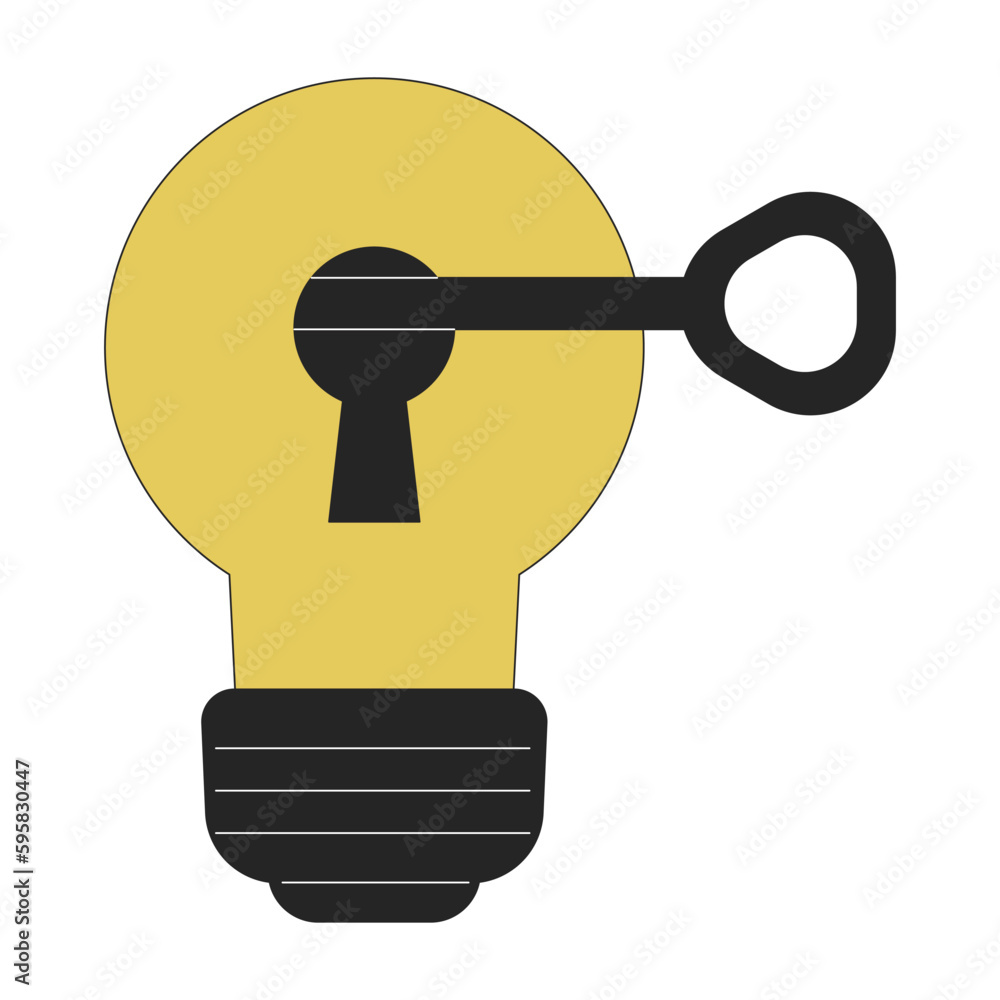 Poster key unlocks lightbulb keyhole flat line color vector object. generate business idea. editable linear