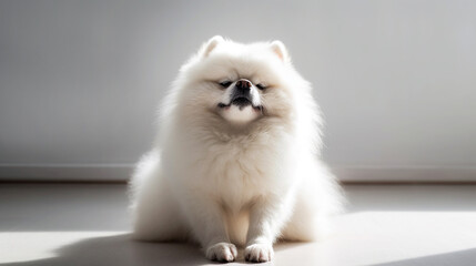 Cute cheerful white fluffy spitz dog stretching front paws in a light room generative AI