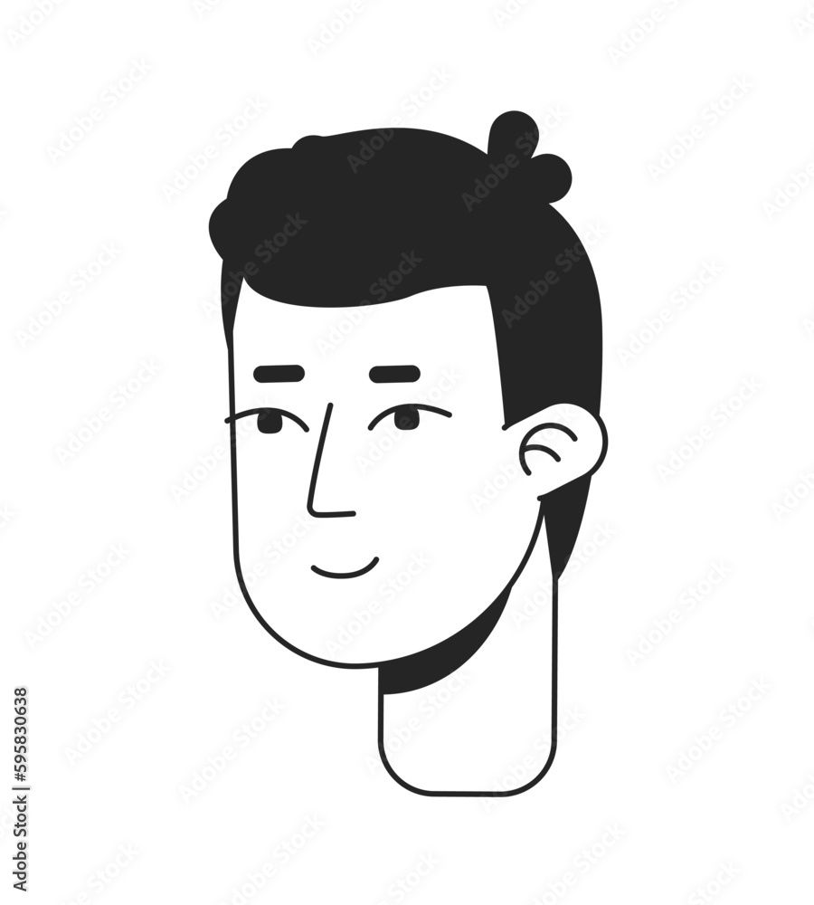 Poster contented young man flat line monochromatic vector character head. simple outline avatar icon. edita