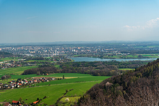 Frydek-Mistek city and Olesna dam from lookout tower on Kabatice hill in Palovicke hurky mountains in Czech republic