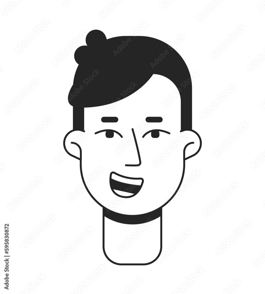 Poster grinning young man front flat line monochromatic vector character head. simple outline avatar icon. 