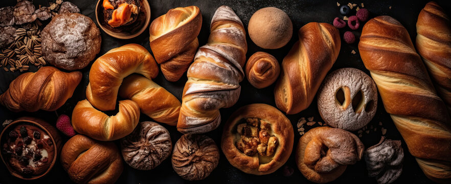 Delicious bread varieties on display - bread rolls, baguettes, bagels, sweet buns, and croissants, captured from above on a black background. generative ai