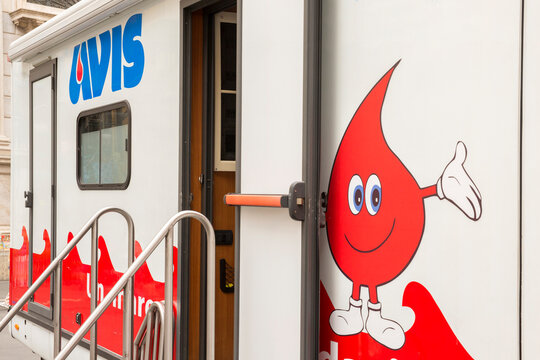 Truck of Avis, the Italian association that deals with blood sampling and donations. Naple, Italy - April, 2023