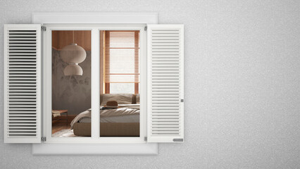 Exterior plaster wall with white window with shutters, showing japandi bedroom with bed, blank background with copy space, architecture design concept idea, mockup template