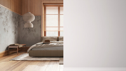 Modern wooden japandi bedroom on a foreground wall, interior design architecture idea, concept with copy space, blank background, template, mock up