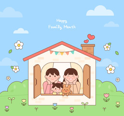 May family month concept illustration. Happy family with their faces out the window.