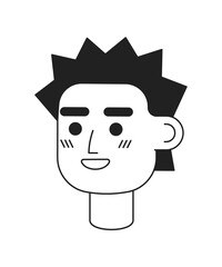 Smiling young man with spiky haircut monochromatic flat vector character head. Editable black white cartoon face emotion. Hand drawn lineart ink spot illustration for web graphic design, animation