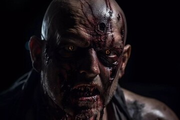 Close up portrait of a evil zombie male isolated on black background, splatter horror, generative ai