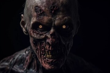 Close up portrait of a old evil zombie male isolated on black background, splatter horror, generative ai