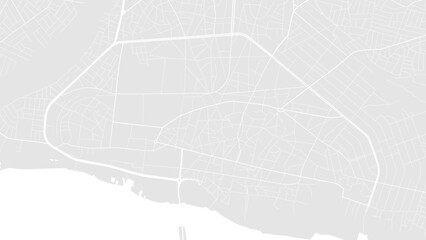 Background Porto-Novo map, Benin, white and light grey city poster. Vector map with roads and water. Widescreen proportion, flat design roadmap.