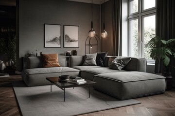 Contemporary lounge with gray couch. Generative AI