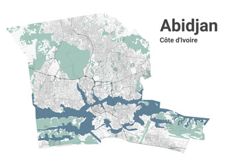 Abidjan map, capital city of Cote d'Ivoire. Municipal administrative area map with rivers and roads, parks and railways.