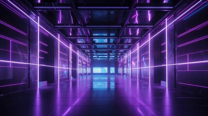 a long hallway with purple neon lights in it, generative AI