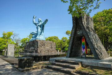 Peace Statue by sculptor Seibou Kitamura in the Peace Park in Nagasaki, Japan.