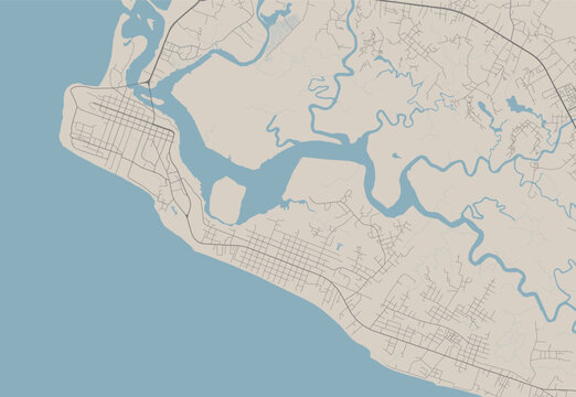 Detailed map of Monrovia city, capital of Liberia. Municipal administrative area map with rivers and roads, parks and railways.