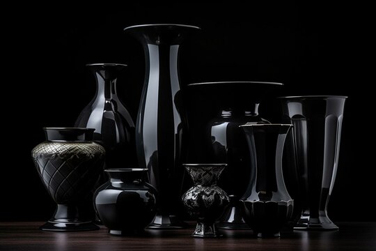 Vases and cups displayed on black surface and background. Generative AI