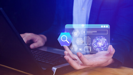 Hand showing of data search box information icon with Digital marketing internet advertising and sales increase business technology concept, online marketing, data analytics and Business online.