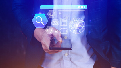 Hand touching of data search box information icon on smartphone with Digital marketing internet advertising and sales increase business technology concept, online marketing