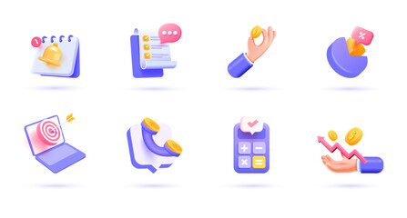 3d Business icon set. Trendy illustrations of Reminder, Clipboard, Seo, Investment, Cash receipt, Newsletter, Calculator, etc. Render 3d vector objects
