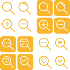 シンプルな黄色の虫眼鏡の検索ボタンのバリエーションセット