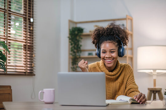 Asian girl student online learning class study online video call zoom teacher, Happy asian girl learn english language online with computer laptop..