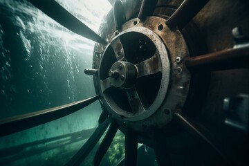 Close-up view from underwater of ship's propeller & rudder underway. Matte-toned. Generative AI - obrazy, fototapety, plakaty