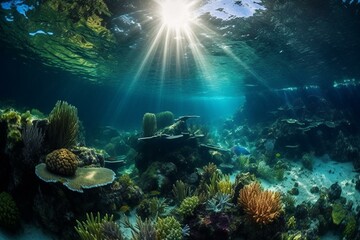 Fototapeta na wymiar Discover UE5's hyper-detailed virtual world with lush jungle, glowing creatures, underwater coral reefs & marine life in ultra-wide angle. Generative AI