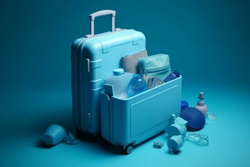 Blue suitcase filled with travel accessories on blue backdrop. Generative AI