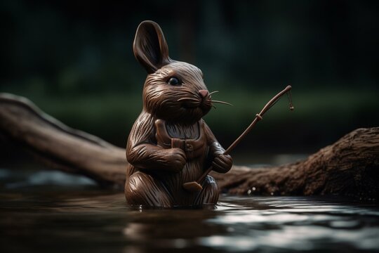 Fishing bunny made of chocolate. Generative AI