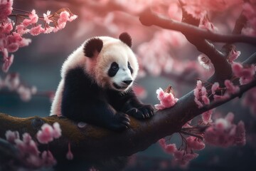 Obraz premium Cute baby panda sitting on a tree branch, surrounded by pink cherry blossoms and green leaves, with a soft, diffused light casting a warm glow on its fur. Generative AI