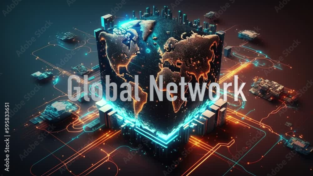 Poster 3d illustration of cyber digital global network and data technology with text overlay