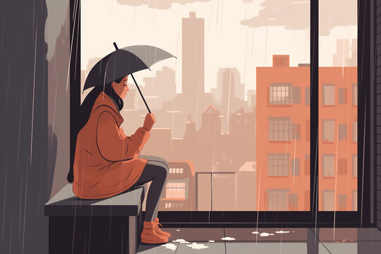 Female mental health psychology, depression, melancholy, sadness, longing, loneliness flat illustration concept metaphor. Lonely sad young woman with umbrella sitting indoors, raining. Generative AI