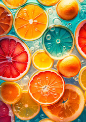 Citrous fruit slice on ice cubes. Background, banner image. Generative Ai