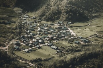 Drawing of a rural settlement situated in a valley. Generative AI - obrazy, fototapety, plakaty
