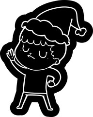 quirky cartoon icon of a grumpy boy wearing santa hat