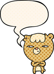 cartoon annoyed bear with arms crossed with speech bubble in comic book style