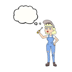 freehand drawn thought bubble cartoon female mechanic