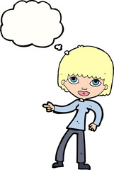 cartoon woman pointing with thought bubble